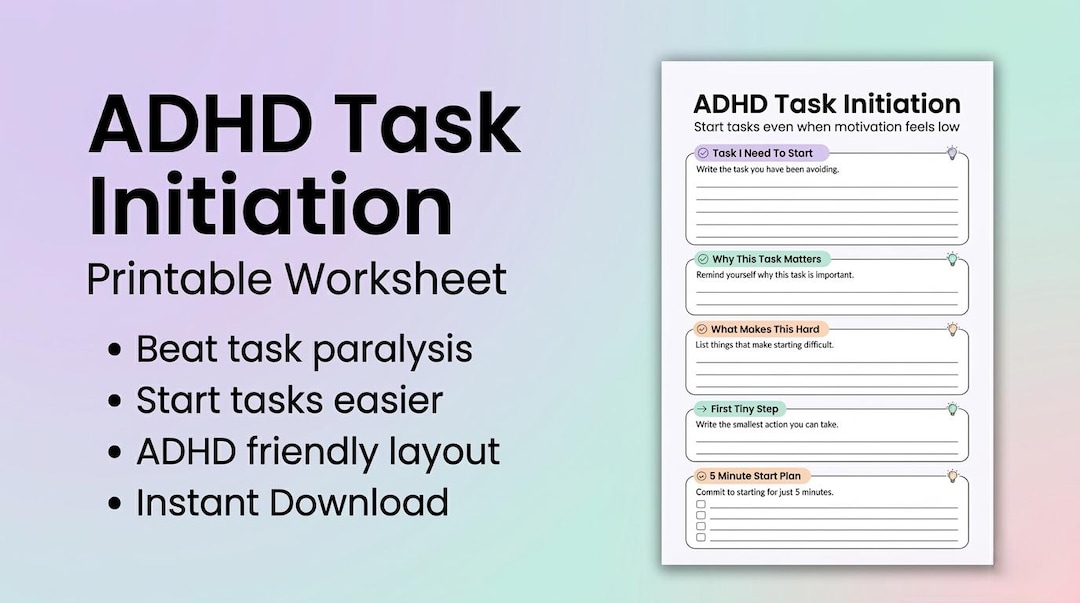 ADHD Task Initiation Worksheet Printable, Beat Task Paralysis Planner ...