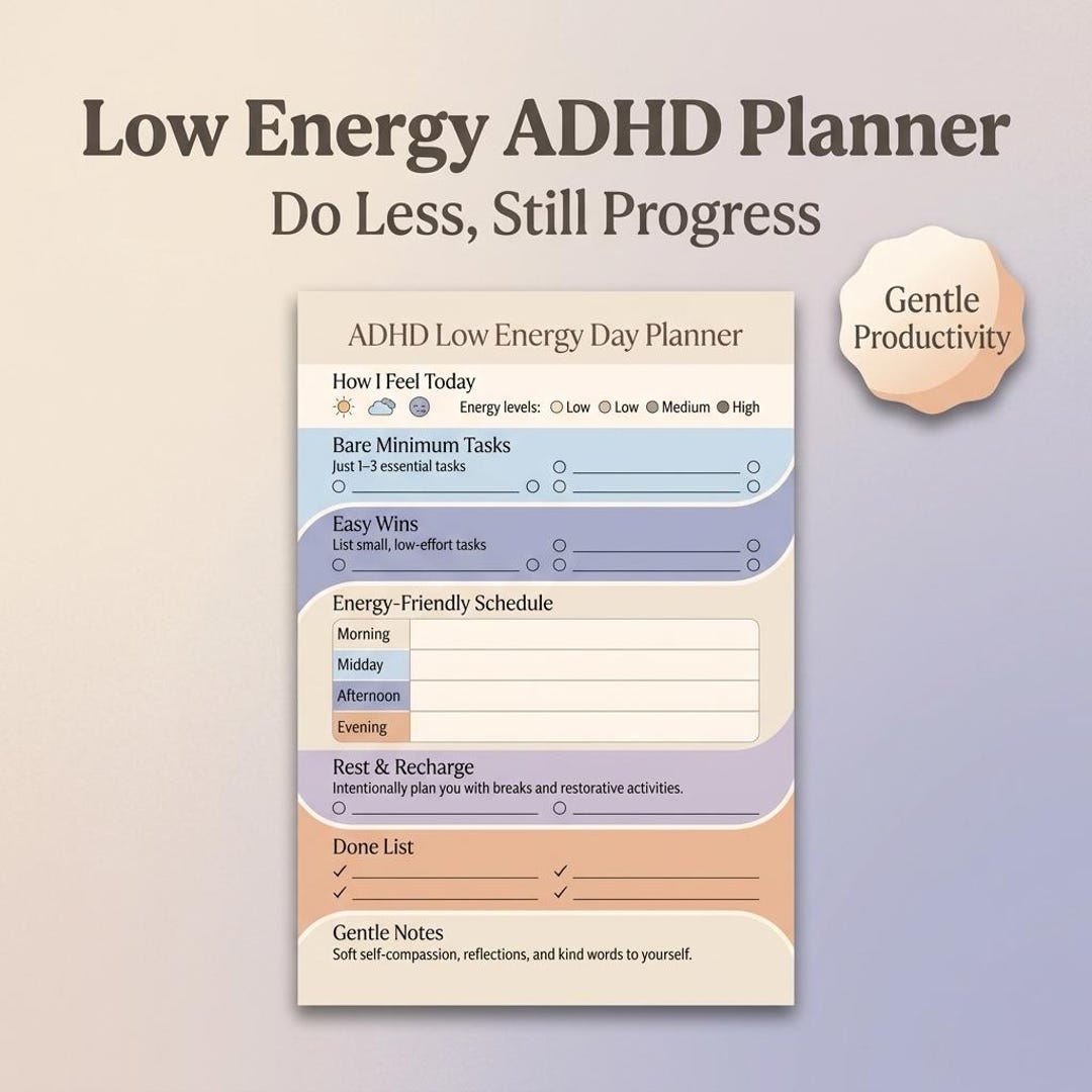 ADHD Low Energy Day Planner Printable, Gentle Productivity Sheet ...