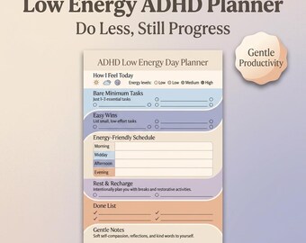 ADHD Daily Planner Printable, Low Energy Day Planner, Task Planner, To Do List Printable & Gentle Productivity Worksheet PDF