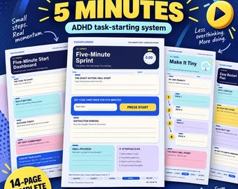 Can't Start Tasks? 5-Minute ADHD Task Starter System, ADHD Planner Printable, Brain Dump, Task Breakdown & Restart Worksheets