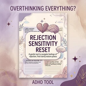 Può includere: Uno strumento ADHD lavanda e bianco intitolato "Rejection Sensitivity Reset". Il design include un cuore spezzato, un'illustrazione del cervello e suggerimenti per l'autoriflessione. Il testo recita "Overthinking Everything?" e "ADHD Tool."