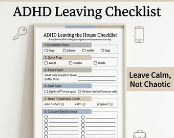 Lista de verificación para salir de casa para personas con TDAH (imprimible), planificador de artículos que no debes olvidar, rutina diaria de salida, ayuda para la disfunción ejecutiva, hoja de preparación para la ansiedad (PDF).