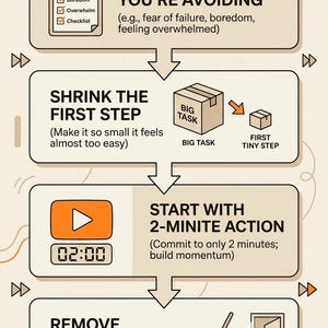May include: Infographic titled "Break The Avoidance Loop" with steps to overcome procrastination. Includes text and illustrations of a checklist, a box, a timer, and a door. The steps are: Identify, Shrink, Start, and Remove.