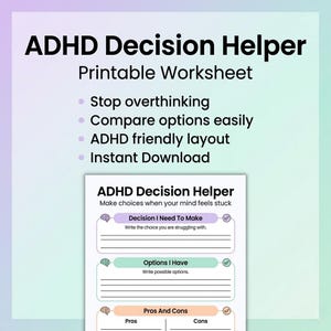 ADHD Decision Helper Printable, Overthinking Worksheet, Executive Function Tool, Decision Making Planner, Neurodivergent Support PDF