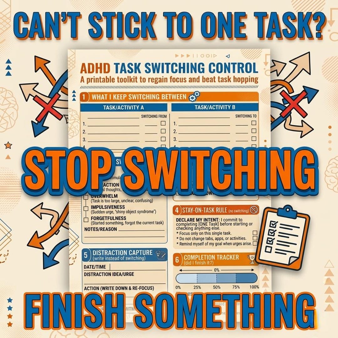 ADHD Task Switching Printable, Can’t Focus on One Thing Tool, Stop ...