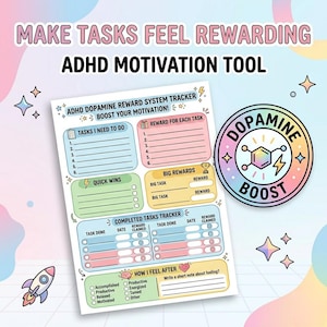 Può includere: Strumento di motivazione ADHD colorato con il testo "Make Tasks Feel Rewarding". Il tracker include sezioni per compiti, ricompense e monitoraggio dei sentimenti. È visibile anche un badge circolare con "Dopamine Boost" e una struttura chimica.