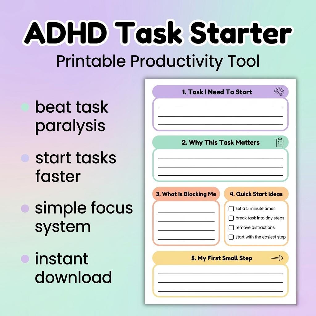 ADHD Task Starter Worksheet Printable, ADHD Task Paralysis Help ...