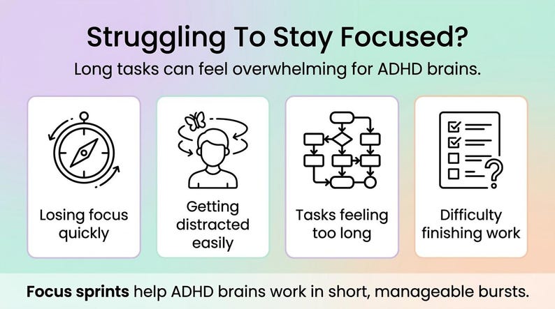ADHD Focus Sprint Worksheet Printable, Pomodoro Style Focus Planner ...