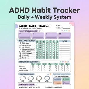 ADHD-gewoontentracker afdrukbaar, planner dagelijkse wekelijkse gewoonte, ADHD-routinebouwer, hulpmiddel voor uitvoerende functies, neurodivergente pdf, ADHD-doelen