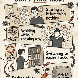 May include: An illustrated infographic titled "Why Can't You Start THIS Task?" depicts the reasons for procrastination. The image uses drawings of an hourglass, to-do list, and a mental block to illustrate the problem.