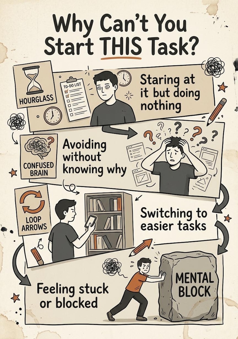 May include: An illustrated infographic titled "Why Can't You Start THIS Task?" depicts the reasons for procrastination. The image uses drawings of an hourglass, to-do list, and a mental block to illustrate the problem.