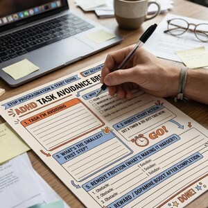 May include: A hand writing on an ADHD task avoidance worksheet. The worksheet is beige with blue and orange sections, and includes prompts like "Task I'm Avoiding" and "What's the Smallest First Step?" A laptop, coffee cup, and glasses are also on the wooden desk.