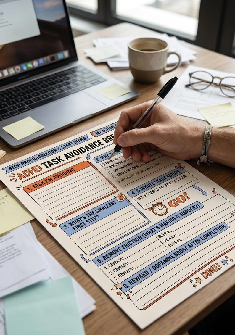May include: A hand writing on an ADHD task avoidance worksheet. The worksheet is beige with blue and orange sections, and includes prompts like "Task I'm Avoiding" and "What's the Smallest First Step?" A laptop, coffee cup, and glasses are also on the wooden desk.