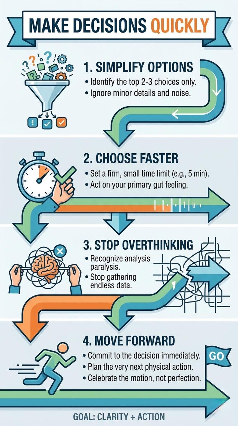 Puede incluir: Infograf&iacute;a titulada "TOMAR DECISIONES R&Aacute;PIDAMENTE" con pasos para simplificar opciones, elegir m&aacute;s r&aacute;pido, dejar de pensar demasiado y avanzar. Incluye ilustraciones de un embudo, cron&oacute;metro, cerebro y una persona corriendo. El objetivo es la claridad y la acci&oacute;n.