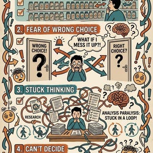 Puede incluir: Una infograf&iacute;a ilustrada titulada "Overthinking Every Decision?" (&iquest;Pensando demasiado en cada decisi&oacute;n?) representa las etapas del pensamiento excesivo. Flechas, signos de interrogaci&oacute;n y caras preocupadas ilustran las etapas: demasiadas opciones, miedo a las malas decisiones, estancamiento y indecisi&oacute;n.