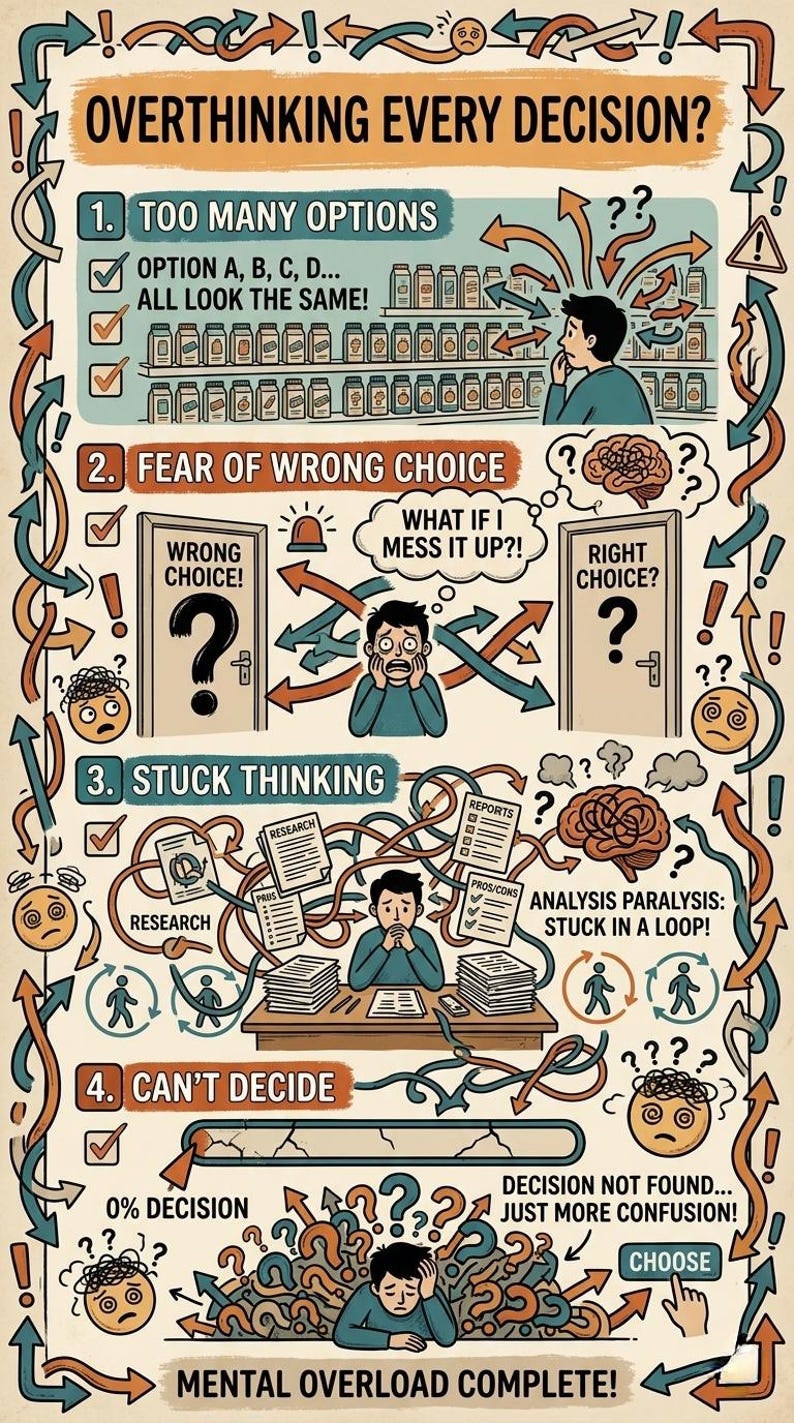 Puede incluir: Una infograf&iacute;a ilustrada titulada "Overthinking Every Decision?" (&iquest;Pensando demasiado en cada decisi&oacute;n?) representa las etapas del pensamiento excesivo. Flechas, signos de interrogaci&oacute;n y caras preocupadas ilustran las etapas: demasiadas opciones, miedo a las malas decisiones, estancamiento y indecisi&oacute;n.