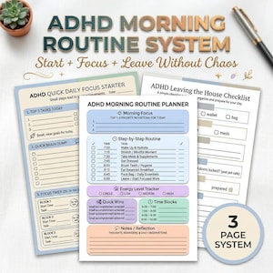 ADHD Morning Routine Printable Bundle, Daily Reset Focus System, Leaving Checklist Pack, Executive Function Planner PDF, 3 Sheets Bundle