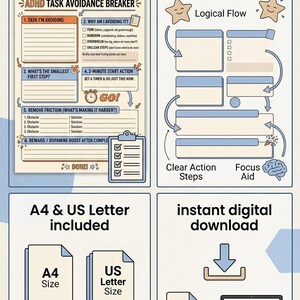 May include: Digital ADHD Task Avoidance Breaker worksheet with a structured layout. Includes A4 and US Letter sizes, and an instant digital download. Features sections for task identification, action planning, and overcoming obstacles.