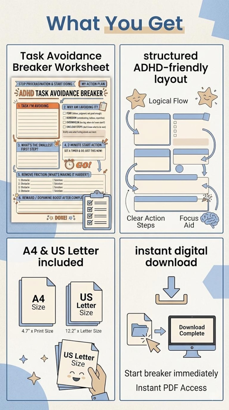 May include: Digital ADHD Task Avoidance Breaker worksheet with a structured layout. Includes A4 and US Letter sizes, and an instant digital download. Features sections for task identification, action planning, and overcoming obstacles.