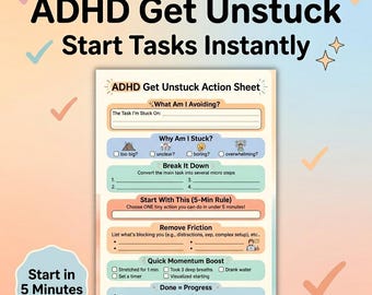 Planificador imprimible para TDAH, planificador de tareas y lista de tareas pendientes imprimible, hoja de trabajo para superar la procrastinación y el inicio de tareas (PDF).