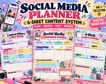 Planificador de redes sociales imprimible / Planificador de contenido de 6 hojas, calendario de contenido, planificador de campañas y flujo de trabajo de contenido, A4 + Carta estadounidense PDF