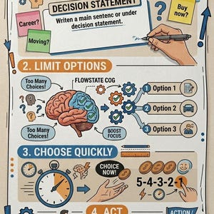 Puede incluir: Infograf&iacute;a titulada "C&oacute;mo usar" para la toma de decisiones. Muestra pasos como escribir una decisi&oacute;n, limitar opciones, elegir r&aacute;pidamente y actuar. Incluye texto, flechas e ilustraciones que gu&iacute;an el proceso.
