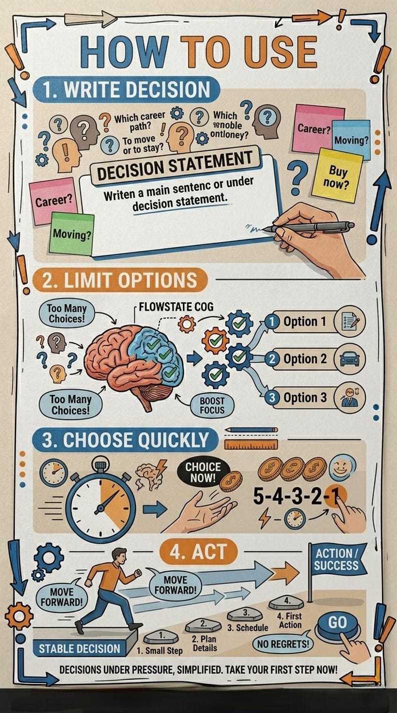 Puede incluir: Infograf&iacute;a titulada "C&oacute;mo usar" para la toma de decisiones. Muestra pasos como escribir una decisi&oacute;n, limitar opciones, elegir r&aacute;pidamente y actuar. Incluye texto, flechas e ilustraciones que gu&iacute;an el proceso.
