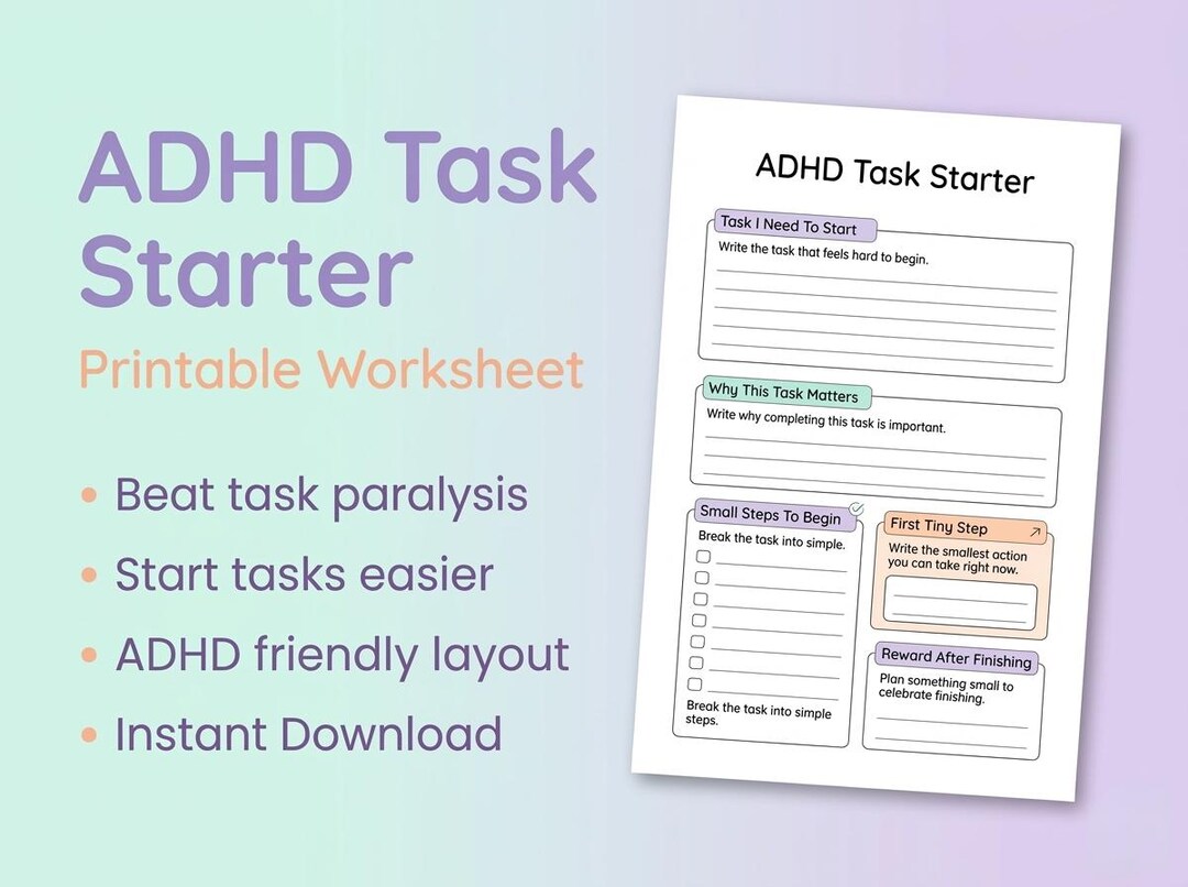 ADHD Task Starter Worksheet, Beat Task Paralysis Printable, Executive ...