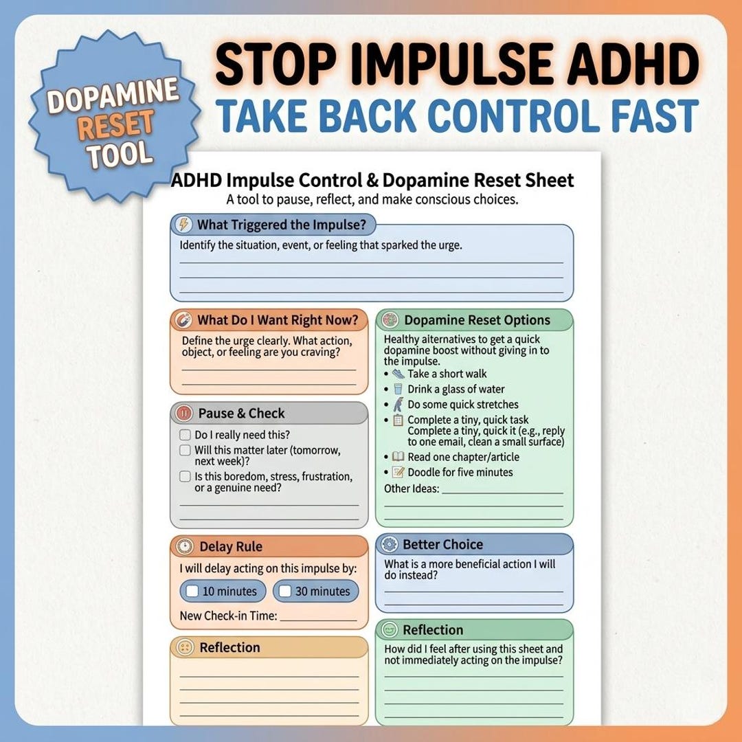 ADHD Impulse Control Printable, Dopamine Reset Worksheet, Stop ...