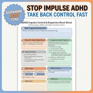 Puede incluir: Hoja de control de impulsos y reinicio de dopamina para TDAH con el texto "STOP IMPULSE ADHD TAKE BACK CONTROL FAST". La hoja incluye indicaciones para identificar desencadenantes, definir impulsos y elegir mejores acciones.