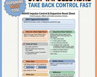 ADHD Impulse Control Printable, Dopamine Reset Worksheet, Stop Impulsive Spending Tool, ADHD Self Control Sheet PDF, habit control Sheet