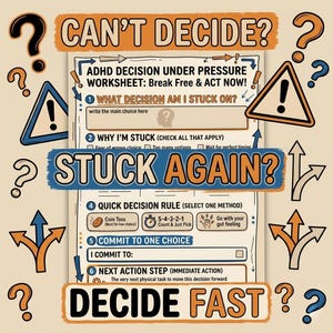 Puede incluir: Una hoja de trabajo para la toma de decisiones con TDAH con el texto "CAN'T DECIDE?" y "STUCK AGAIN?". El dise&ntilde;o incluye indicaciones para identificar la decisi&oacute;n, las razones para estar atascado y una regla de decisi&oacute;n r&aacute;pida. La combinaci&oacute;n de colores es naranja y azul.