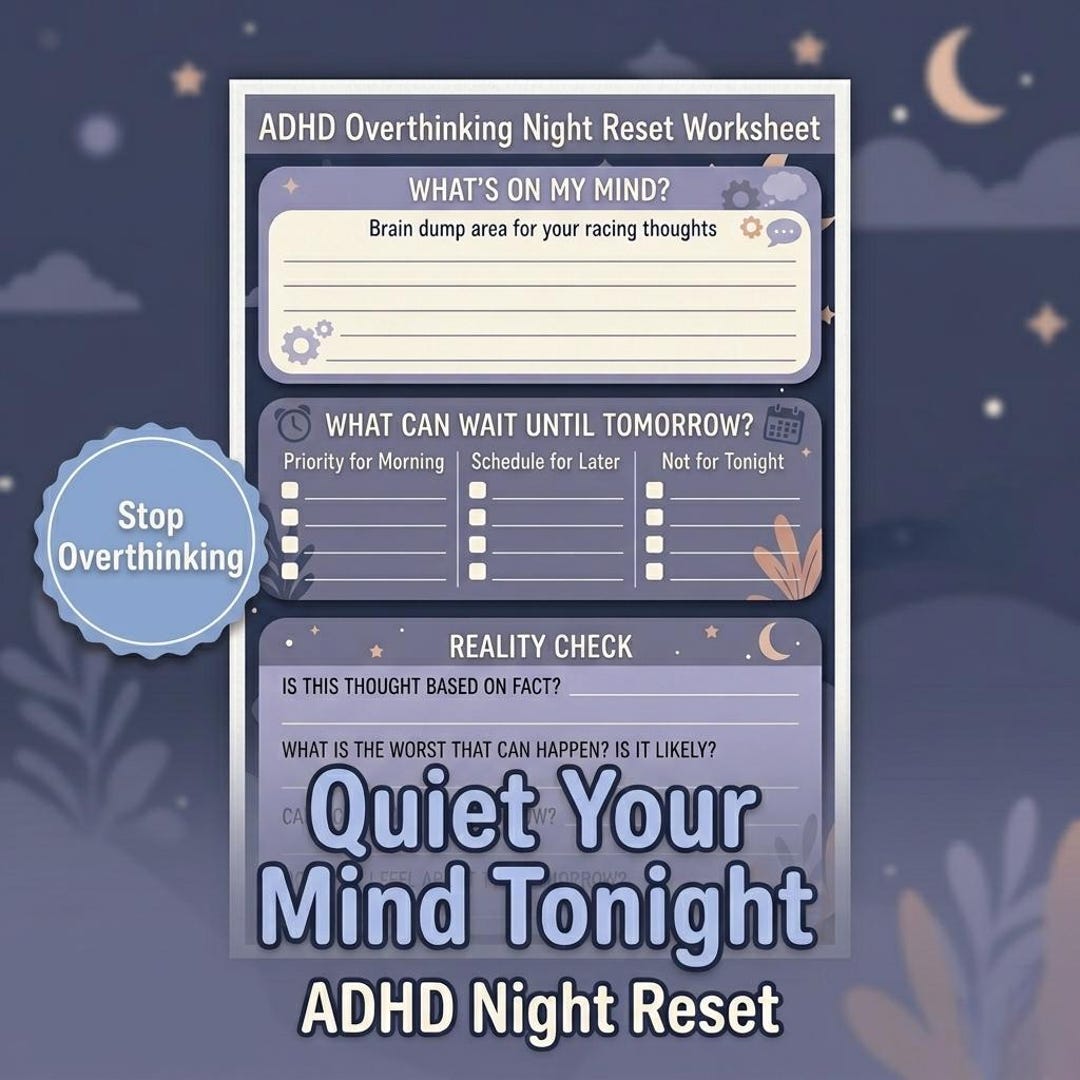 Adhd Overthinking ADHD Overthinking Night Reset Printable, Calm Racing Thoughts Before ...