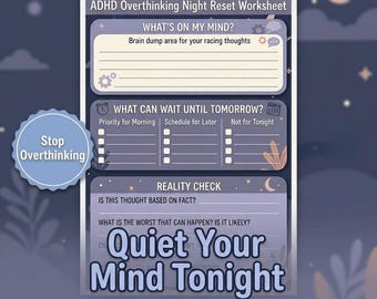 ADHD Overthinking Night Reset Worksheet, Brain Dump Printable, ADHD Journal, Racing Thoughts & Calming Mind Support PDF