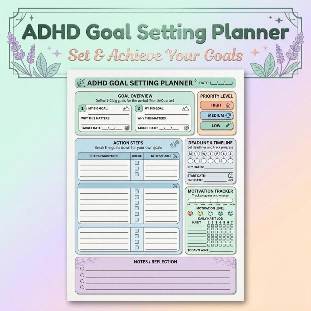 ADHD Goal Setting Planner Printable, Goal Setting Worksheet, Break Big ...