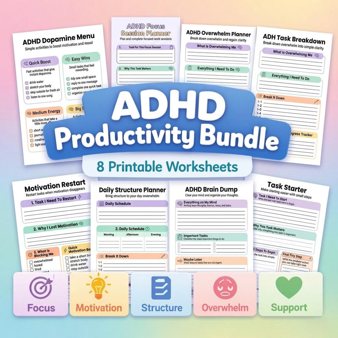 ADHD Productivity Bundle Printable, ADHD Planner Pack, Brain Dump ...