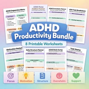 ADHD Productivity Bundle Printable, ADHD Planner Pack, Brain Dump, Dopamine Menu, Focus Planner, Executive Function Worksheets, ADHD Bundle