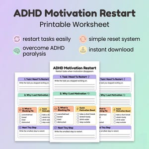 Hoja de trabajo imprimible para reiniciar la motivación en el TDAH, ayuda para la parálisis de tareas, herramienta de productividad para el TDAH, planificador de funciones ejecutivas para personas neurodivergentes.