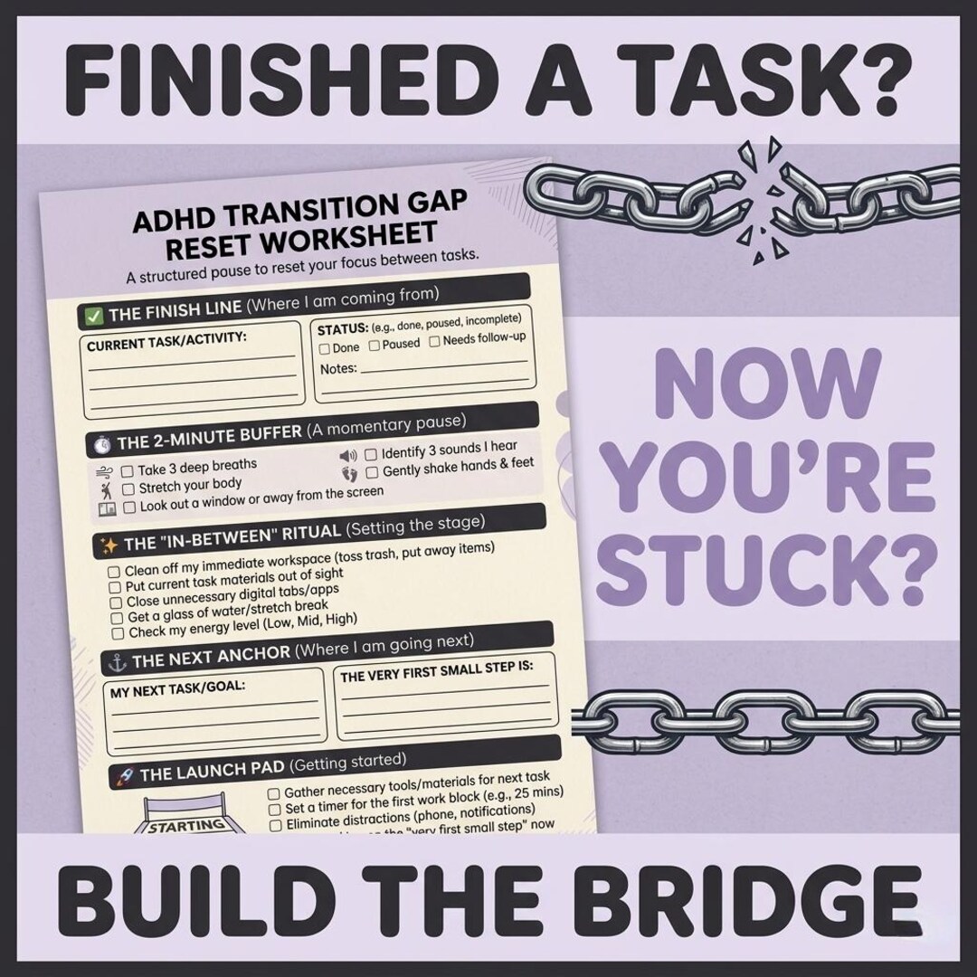 ADHD Transition Gap Worksheet, Task Switching Help, Executive ...