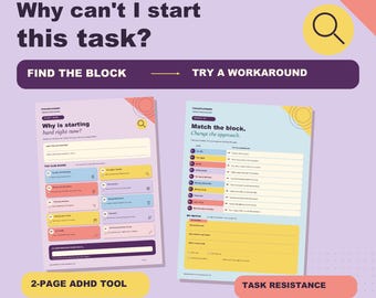 Can't Start This Task? ADHD Task Resistance Decoder, ADHD Planner Printable, Task Starting Worksheet, 2-Page PDF