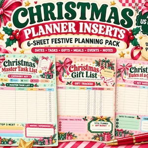 Planificador navideño imprimible / Insertos de planificador navideño de 6 hojas, lista de regalos, planificador de comidas, lista de tareas, eventos y notas, A4 + Carta estadounidense
