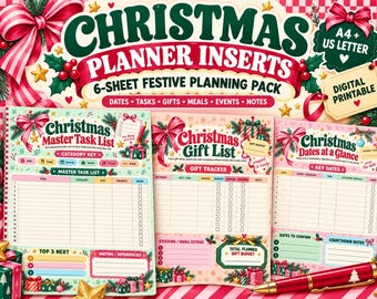 Planificador navideño imprimible / Insertos de planificador navideño de 6 hojas, lista de regalos, planificador de comidas, lista de tareas, eventos y notas, A4 + Carta estadounidense