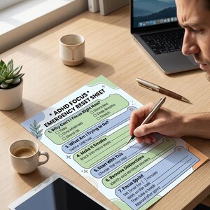 Pu&ograve; includere: Un foglio di ripristino di emergenza ADHD Focus con una persona che ci scrive sopra. Il foglio include suggerimenti per la concentrazione, come l'identificazione delle distrazioni e l'impostazione di un timer. Un laptop, un tablet e una tazza di caff&egrave; sono anche sulla scrivania di legno.