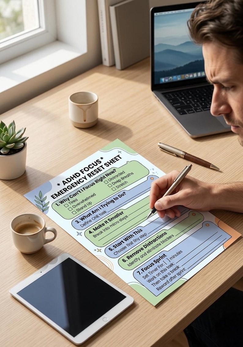 Pu&ograve; includere: Un foglio di ripristino di emergenza ADHD Focus con una persona che ci scrive sopra. Il foglio include suggerimenti per la concentrazione, come l'identificazione delle distrazioni e l'impostazione di un timer. Un laptop, un tablet e una tazza di caff&egrave; sono anche sulla scrivania di legno.