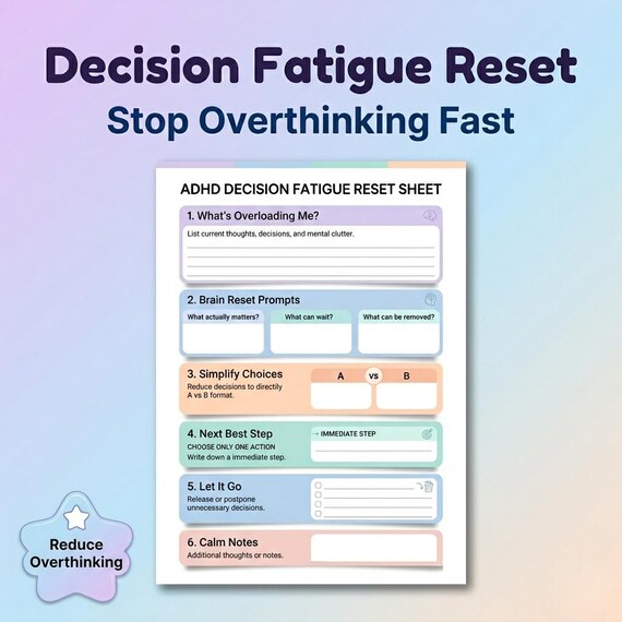 ADHD Decision Fatigue Worksheet, Brain Dump Printable, ADHD Planner, Overthinking & Decision Paralysis Reset PDF