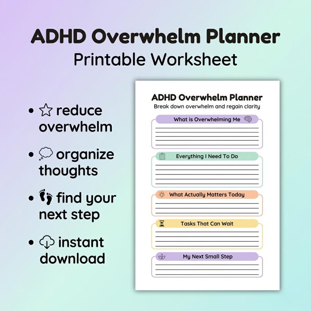ADHD Overwhelm Planner Printable, ADHD Task Overload Worksheet, Mental ...