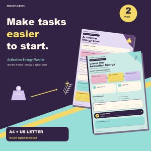 Könnte beinhalten: Ein zweiseitiges digitales Planer-Set mit dem Titel Activation Energy Planner auf dunkelviolettem Hintergrund. Der Text lautet Make tasks easier to start, Activation Energy Scan und Lower the Activation Energy. Enthält A4- und US-Letter-Formate.