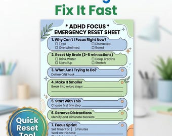 ADHD Can't Focus Printable, Focus Reset Worksheet, ADHD Productivity Tool, Stop Distraction Sheet, Focus Planner PDF, Adhd Anxiety reset