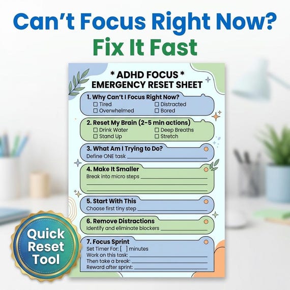 AHDH Focus Reset for Distraction and Executive Function PDF, ADHD Planner Printable, Task Planner & Productivity Planner Worksheet,