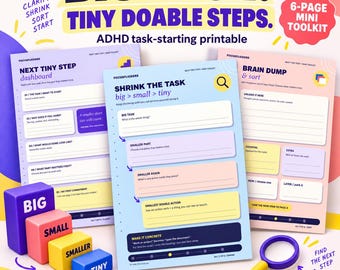 Big Task? Find the Next Tiny Step | ADHD Task Starter Mini Toolkit, ADHD Planner Printable, Brain Dump Printable & Task Breakdown Worksheets